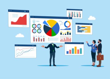 Omuzları üzerinde kafa yerine web tarayıcısı olan bir iş adamı. Rapor panelinde analiz ve izleme. Ticari finansal planlama için veri analizi araştırması. Vektör illüstrasyonu