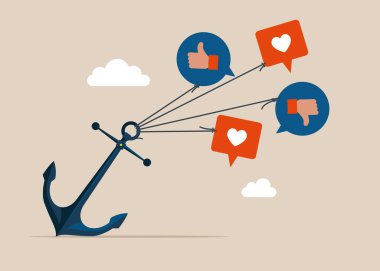 Sosyal medya olumlu ve olumsuz geri bildirim görüşü sunucuyla uçup gitmeye çalışıyor. Sosyal medya iletişimi. Düz biçimli modern vektör illüstrasyonu