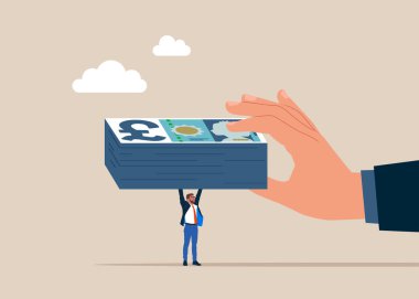 İşadamı rüşvet aldı, sterlin banknotları aldı. Yozlaşma ve para transferi. İş anlaşması, anlaşma, sözleşme. Düz vektör illüstrasyonu