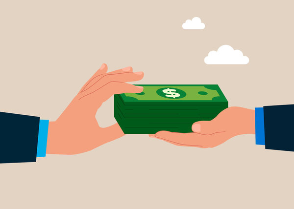 Коррупция и передача денег на банкнотах. Деловая сделка, соглашение, контракт. Векторная иллюстрация