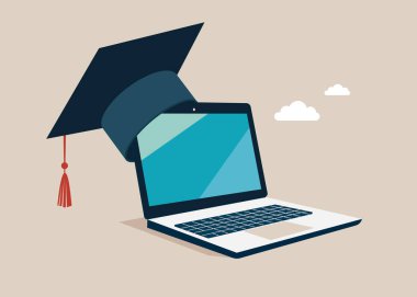 Online eğitim. Mezuniyet şapkalı dizüstü bilgisayar. Düz vektör illüstrasyonu