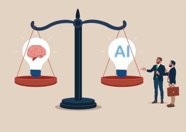 Terazide denge. Yapay zeka teknolojisini kontrol etmek. İş yapay zeka pazarlaması. Düz vektör illüstrasyonu