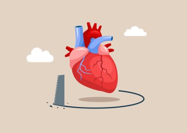 Kalp hırsızlığı. Hırsız kalp çökmesi için zemini kesmiş. İnsan kalbi anatomisi. Organlar sembolü. Tıp Tasarım Arkaplanı. Düz vektör illüstrasyonu.