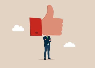 Omuzları üzerinde kafa yerine baş parmağı olan yetenekli bir iş adamı. İşinde başarılı. İnsanlar sever. Derecelendirme, araştırma, pazarlama, iş başarısı. Olumlu geri bildirim. Düz vektör illüstrasyonu