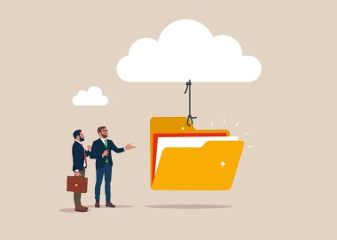 Beyaz buluttan sarkan dizin. Belge dosyalarını arşiv dizinlerine düzenle. Düz biçimli modern vektör illüstrasyonu.