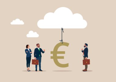 Beyaz buluttan sarkan bir Avrupa sembolü. İş geliştirme ve büyüme konsepti. İş stratejisi, yatırım, zenginlik, yönetim, pazarlama. Düz vektör illüstrasyonu