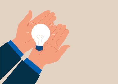 El ele tutuşan ampul. İş stratejisi. Hedef ve hedef, iş geliştirme. Düz biçimli modern vektör illüstrasyonu.