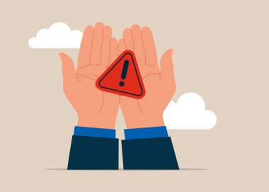 El ele tutuşan ünlem işareti simgesi. Düz vektör illüstrasyonu. Düz biçimli modern vektör illüstrasyonu.