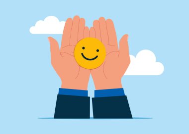 Çalışanların mutluluğu. El ele tutuşmak, gülümseyen yüz, olumlu düşünce, akıl sağlığı değerlendirmesi. Düz vektör illüstrasyonu