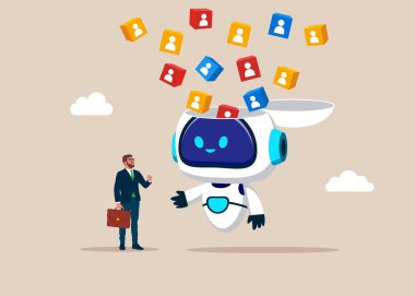 Çalışanları ya da müşteri alımlarını görmek için robot kafasını açın. Ekibi işe alan seçer. Düz vektör illüstrasyonu