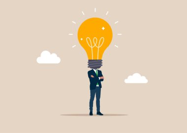 Omzunda ampul gibi bir kafası olan bir iş adamı. Yenilik, yaratıcılık ya da fikir hakkında düşünmek, sorunu çözmek için çözüm ya da beyin fırtınası. Düz vektör illüstrasyonu