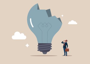 Büyük bir ampulle akıllı girişimci düşüncesi. Krizden bitap düşmüş ya da tükenmiş, korkuyu yenmek için yeni bir fikir, ilham ya da hayal gücü yok. Düz vektör illüstrasyonu.