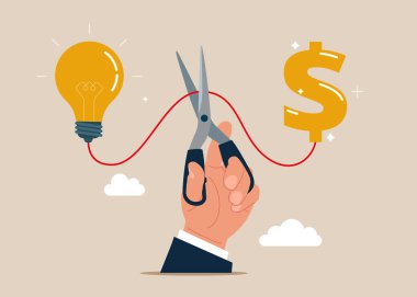 El ele tutuşan makas ampulle dolar arasındaki bağlantıyı kesti. Girişim ve şirket için finansal destek yok. Düz biçimli modern vektör illüstrasyonu