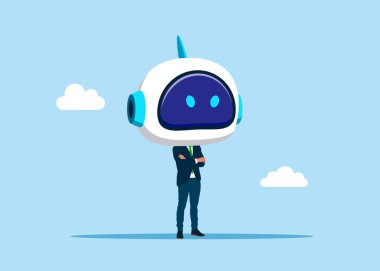 Kafası omuzlarında değil de, robot kafalı bir iş adamı. İşinde başarılı. Yapay zeka teknolojisi. Düz biçimli modern vektör illüstrasyonu