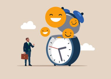 Gülümseyen yüz sembolü görmek için açık alarm. Çalışanların mutluluğu, iş memnuniyeti, şirket yararları, olumlu tavırlar. Değer zamanla artar. Düz vektör illüstrasyonu.