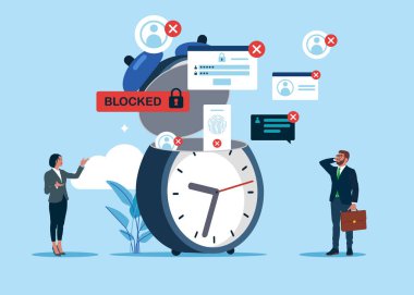 Engellenmiş Hesabı görmek için açık alarm. Çevrimiçi Bilgi Hackleme. Hackleme ve sömürme sonuçları. Paranın değeri zamanla artar. Düz vektör illüstrasyonu.