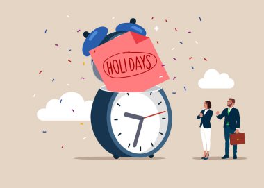 Tatil ya da tatil görmek için açık alarm. İş adamlarının keyfi. Çalışanlar için şirket tatili. Düz vektör illüstrasyonu. 