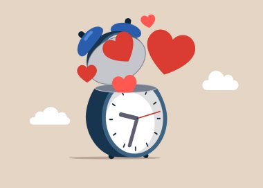 Kalpleri görmek için açık alarm. Sevgililer günü kartı. Seni seviyorum, web sitesi tasarımı ya da iniş web sayfası. Düz biçimli modern vektör illüstrasyonu.