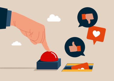 İşadamı kırmızı düğmeye basar. Kapıyı açmak ve sosyal medyanın olumlu ve olumsuz geri bildirim görüşünü görmek için düğmeye basın. Sosyal medya iletişimi. Düz vektör illüstrasyonu.