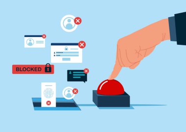 Kollar kırmızı düğmeye basar. Kapıyı açmak ve gizli kimlik kartını görmek için başlat. Hacker Siber Saldırısı, Sansür. Düz biçimli modern vektör illüstrasyonu.