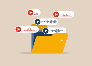 Ses mesajlarını ve ses dalgalarını görmek ve dinlemek için klasörü açın. Düz biçimli modern vektör illüstrasyonu