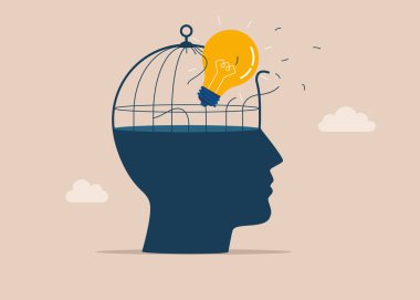 Koca Kafa 'nın kafesini patlatan ampul. Büyüme zihniyeti kavramını düşün. Zihin hapishanesinden kaçmak. İş fikrinin kilidini aç. Vektör illüstrasyonu.