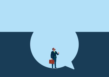 Zor bir konuşma. Konuşma balonunda bir iş adamı. Verimli diyalog. Tartışma, konuşma, toplantı, takım iletişimi, iş arkadaşı sohbeti, görüş. Düz vektör illüstrasyonu.