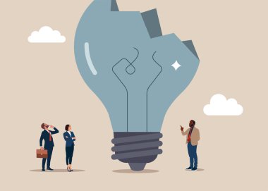 Patlamış ampul. İflas etmiş, iflas etmiş. Yaratıcı fikrin sembolü, beyin fırtınası. İş yaratıcılığı. Düz vektör illüstrasyonu.