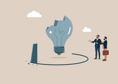 Büyük patlamış ampul. İflas etmiş, iflas etmiş. Hırsız ampulü düşürmek için zemini testereyle kesmiş. Tuzak metaforunu ödünç ver. Krizden bitkin düşmüş ya da tükenmiş. Düz vektör illüstrasyonu.