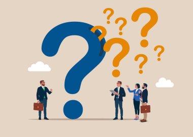 Soru işaretinden bir sürü soru geliyor. İş adamları her şeyden şüphe eder ve sorgular. Düz vektör illüstrasyonu.