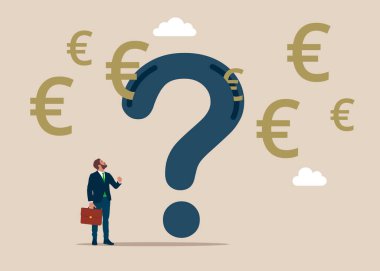 Soru işaretinden bir sürü euro işareti çıkar. Uzun vadeli yatırım geliri, emeklilik fonu. Para birimi. Düz biçimli modern vektör illüstrasyonu