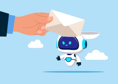 El işadamı, açık bir robot kafasından bildiri içeren bir zarf çıkardı. E-posta bültenini çevrimiçi gönder. E-posta pazarlama kampanyası. Düz vektör illüstrasyonu