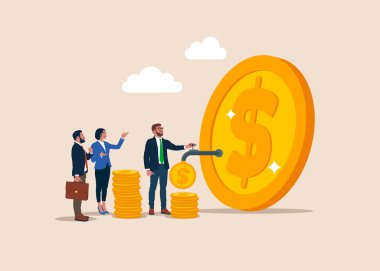 İşadamı, bozuk paraların büyük paralardan akması için musluk açıyor. Paralı büyük paralar. Finansal yatırımlar. Düz vektör illüstrasyonu