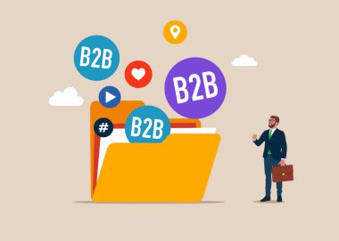 Dizin uçan sosyal medya ağı reklamlarından ve internetten. SMM, internet tebligatı. Konuşma balonunda B2B kelimesi. B2B pazarlama. Düz biçimli modern vektör illüstrasyonu