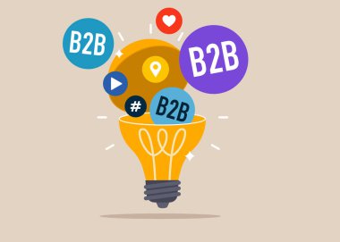 Açık ampulden, sosyal medya ağı reklamlarından ve internetten. SMM, internet tebligatı. Konuşma balonunda B2B kelimesi. B2B pazarlama. Düz biçimli modern vektör illüstrasyonu