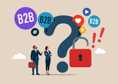 Soru işaretinden bir sürü konuşma balonu uçur. Bir sürü soru. B2B pazarlama. Ünlem işaretini aç, problem çözme. Sosyal medya ağı reklamları ve internet. Düz vektör illüstrasyonu. 