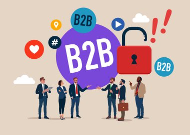İş stratejisinin kilidini aç. Konuşma balonunda B2B kelimesi. Hedef ve hedef, iş geliştirme. SMM, internet tebligatı. Blok B2B İş-İş, Ağ, Teknoloji, Pazarlama ve İnternet.