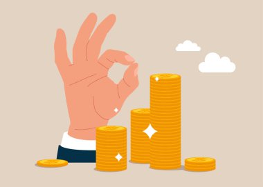 El işadamı tamam ve bir yığın bozuk para gösteriyor. Satış artışı ve iyi istatistikler. Düz vektör illüstrasyonu
