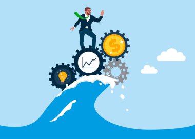 Dişli dişli dişli dişli üzerinde sörf yapan kendine güvenen bir iş adamı. Daha iyi kar stratejisi için maliyet ve giderleri optimize et. Para kazanmak için çaba ve zaman, başarı için uzun vadeli yatırım. Düz vektör illüstrasyonu
