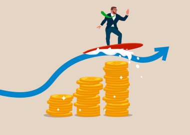 İş adamı dalga grafiğinde sörf yapıyor. İş başarısı. Ekonomi ve finansal kriz fırsatları. Kariyer gelişimi, motivasyon, hırs, yenilik. Düz biçimli modern vektör illüstrasyonu