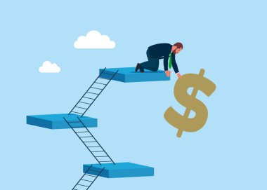 İş adamı krizden dolar tasarruf eder. Yükselen dolar fiyatı yeni rekor konsepti vurdu. Düz vektör illüstrasyonu