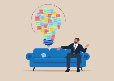Kanepede rahatça otururken notları olan bir iş adamı. Çözümü keşfet, yapışkan notlarla beyin fırtınası yap. Fikir, yeni fikirler edinmek için beyin fırtınası. Modern düz vektör illüstrasyonu.
