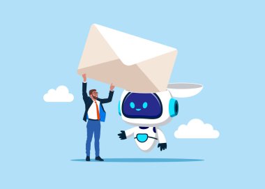 İş adamı, açık bir robot kafasından uyarı içeren bir zarf çıkarıyor. E-posta bültenini çevrimiçi gönder. E-posta pazarlama kampanyası. Vektör illüstrasyonu