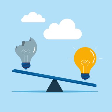 Ampullerin iki varyasyonunun karşılaştırılması. Başarısızlık, hırs ve yeni yenilikler icat etme çabası, hata veya motivasyon ve başarıdan ders alma başarısızlığı. Düz biçimli modern vektör illüstrasyonu