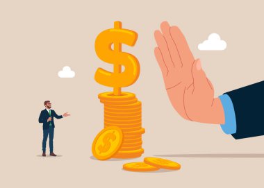 Yasa dışı para transferiyle yolsuzlukla mücadele sahnesi. Elinde bozuk para ve işaret parasıyla ayakta duran bir işadamı. Düz vektör illüstrasyonu