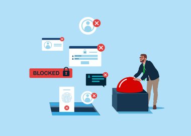 İşadamı kırmızı düğmeye basar. Kapıyı açmak ve gizli kimlik kartını görmek için başlat. Hacker Siber Saldırısı, Sansür. Düz vektör illüstrasyonu.