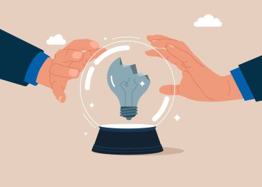 Kristal sihirli küre ve iki el çarpmış ampulle kristal küreye dokunuyor. İflas etmiş, iflas etmiş. Değiştir. Krizden bitkin düşmüş ya da tükenmiş. Düz vektör illüstrasyonu.