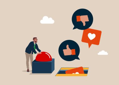 İşadamı kırmızı düğmeye basar. Kapıyı açmak ve sosyal medyanın olumlu ve olumsuz geri bildirim görüşünü görmek için düğmeye basın. Sosyal medya iletişimi. Vektör