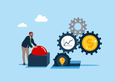 İşadamı kırmızı düğmeye basar. Kapıyı açmak için zorlayın ve dişli dişli üretiminden dolar parası kazanın. Daha iyi kar stratejisi için maliyet ve giderleri optimize et. 