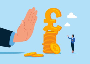 Yasa dışı para transferiyle yolsuzlukla mücadele sahnesi. Para yığını ve sterlin levhasıyla ayakta duran bir iş adamı. Düz vektör illüstrasyonu